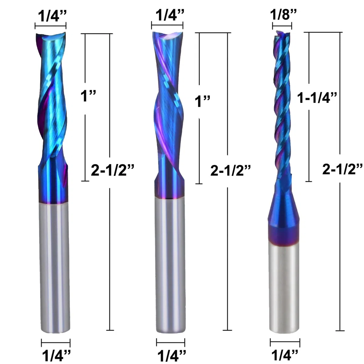 Lot de 5 fraises à défoncer CNC en carbure de tungstène avec tige de 6,35 mm avec revêtement bleu NACO pour fraisage latéral, fraisage en bout, usinage de finition