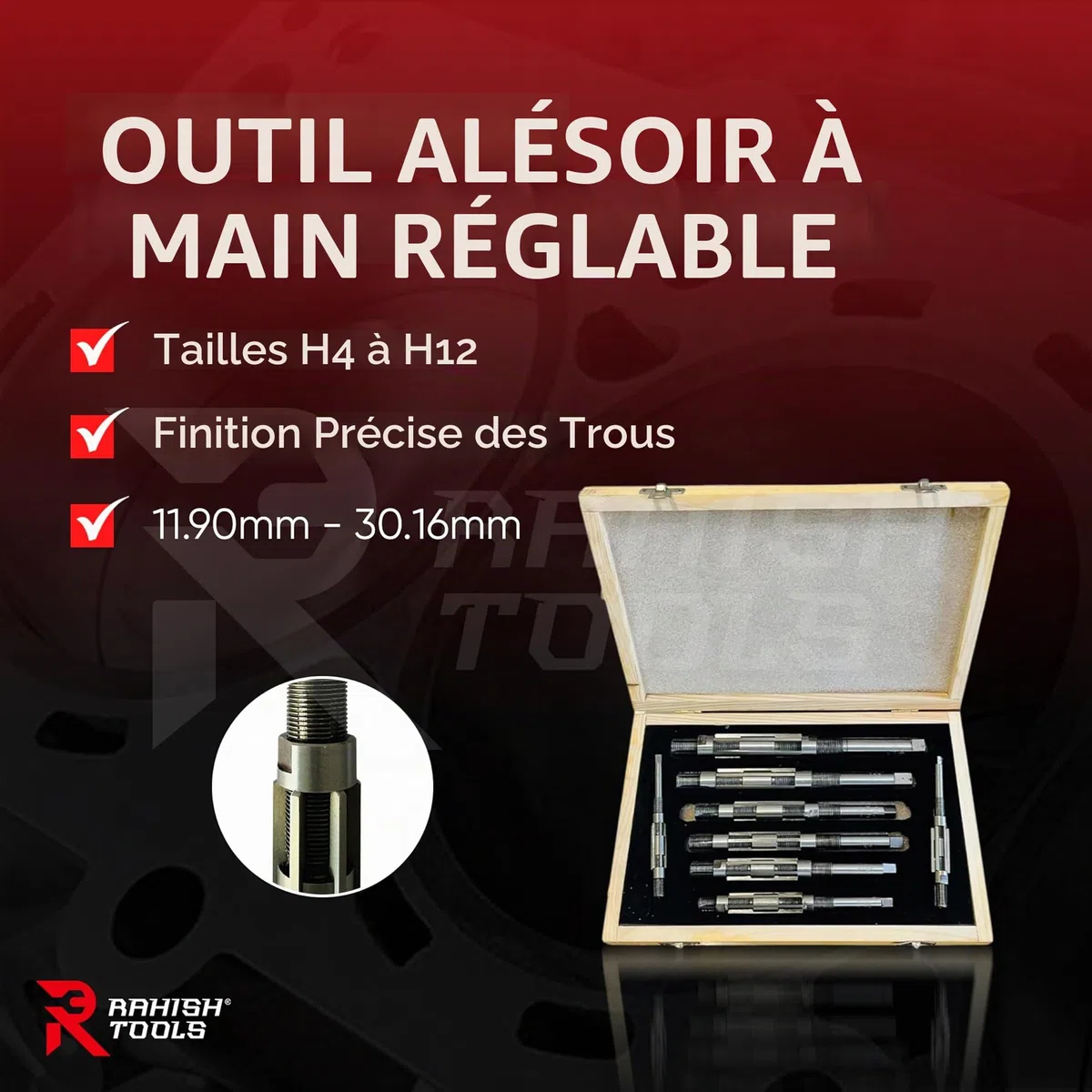 Alésoir manuel réglable H4 à H12 Tailles – 15/32" à 1-3/16" Outil d'alésage pour une finition précise des trous avec lames en acier au carbone – Outils à main pour métal et bois – 11,90