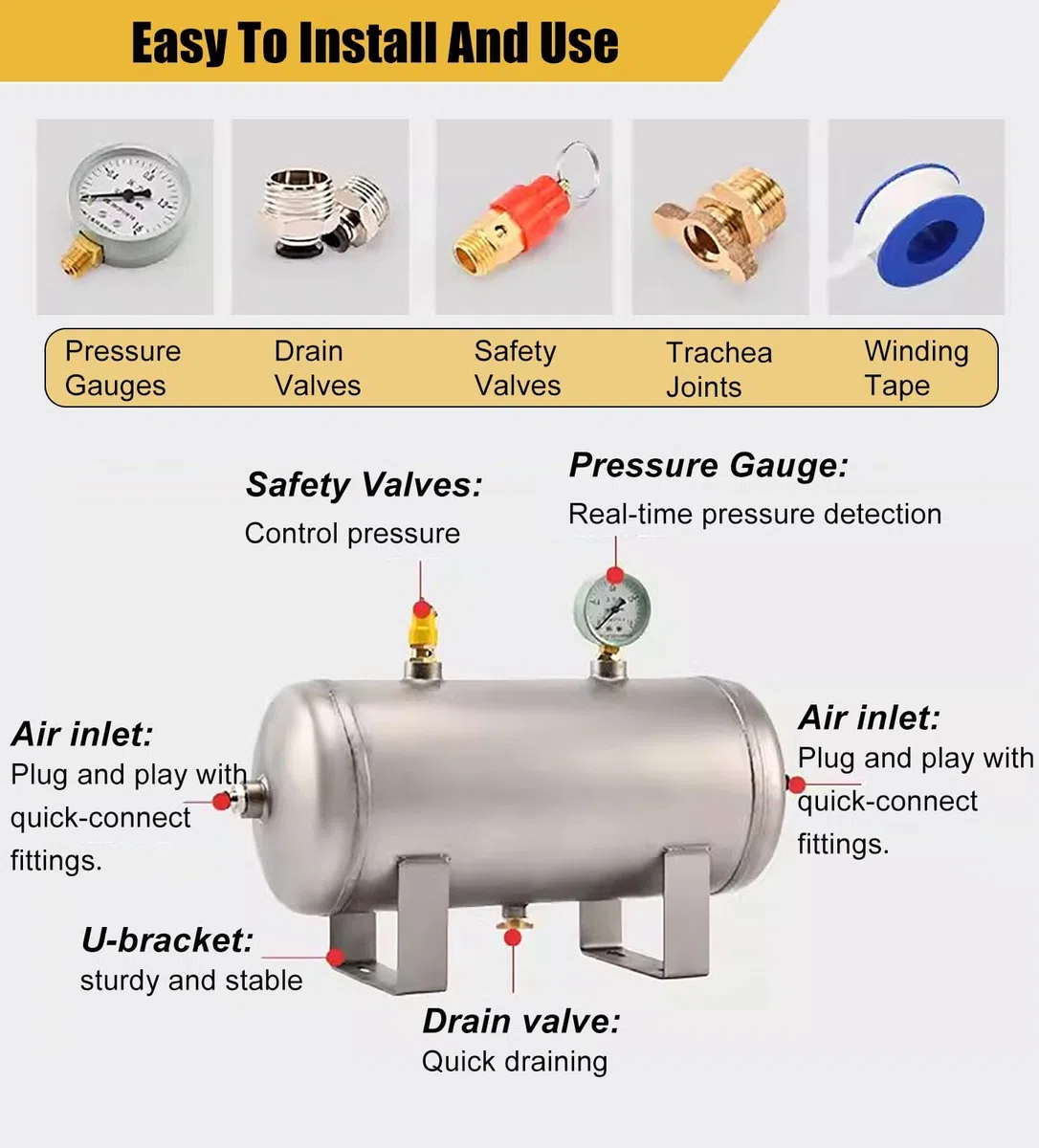 Réservoir tampon de compresseur d'air, léger et durable, kit de montage inclus, idéal pour le stockage de gaz à haute pression dans les applications industrielles