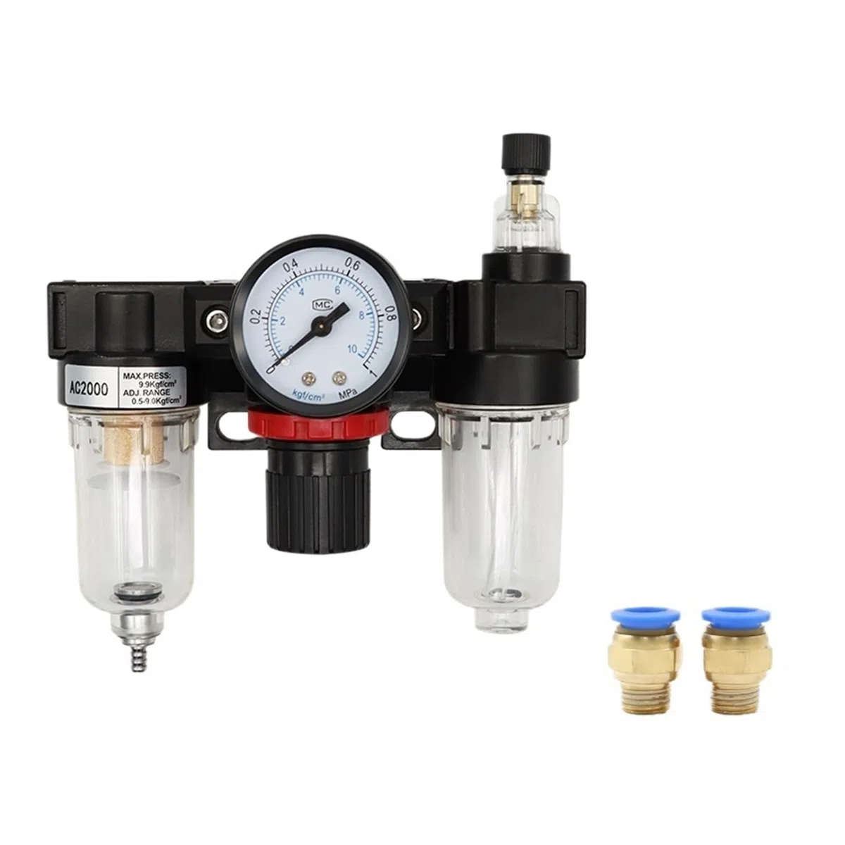 Régulateur de Pression AC2000-02 1/4" avec manomètre, Filtre et séparateur Huile-Eau for compresseur d'air(PC 12mm Fitting)