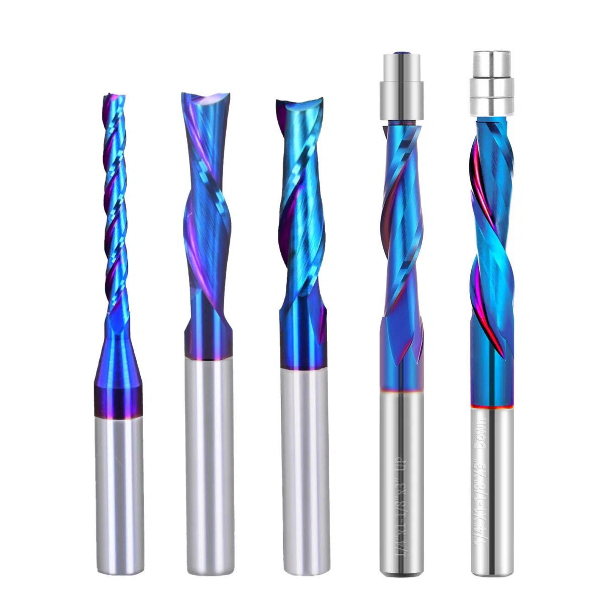 Lot de 5 fraises à défoncer CNC en carbure de tungstène avec tige de 6,35 mm avec revêtement bleu NACO pour fraisage latéral, fraisage en bout, usinage de finition